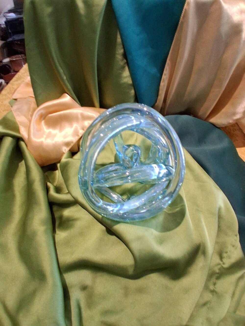 Vintage Art Glass Interlocking Knot Sculpture in Aqua Blue